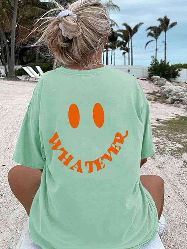 Women's Cartoon Face & Letter Print Round Neck Graphic Tee, Vintage Trendy Casual Drop Shoulder Short Sleeve T-shirt for Daily Wear Beach Vacation, Graphic Tees, Ladies Summer Tops