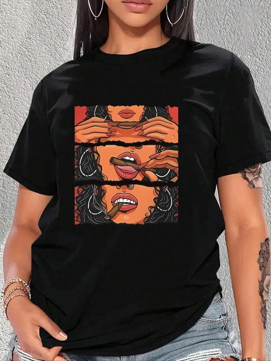 Women's Cartoon Figure Print Round Neck Tee, Fashion Casual Short Sleeve Crew Neck T-shirt for Daily Holiday Vacation Outdoor Wear, Ladies Clothes for Summer