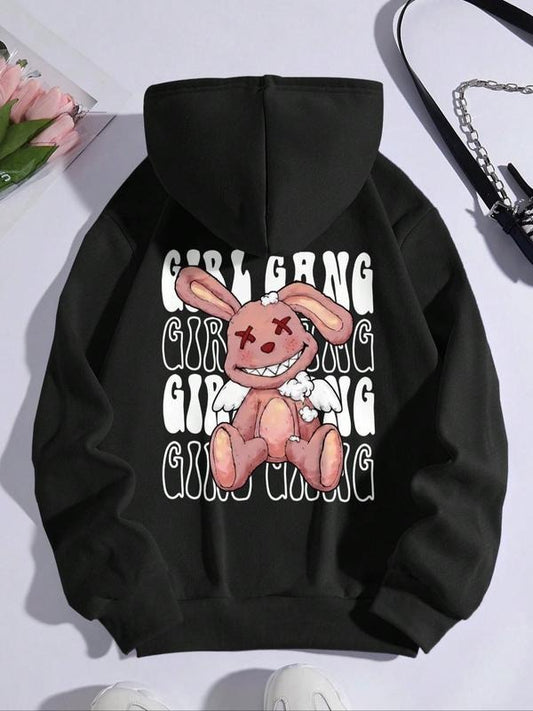 Women's Cartoon Graphic Print Pocket Drawstring Hoodie, Casual Long Sleeve Hooded Sweatshirt for Fall & Winter, Women's Clothes for Daily Wear