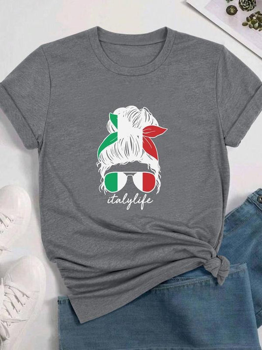 Women's Cartoon Italy Girl Graphic Print Round Neck Tee, Fashion Casual Letter Graphic Short Sleeve T-shirt for Daily Wear, Ladies Clothes for All Seasons, Top