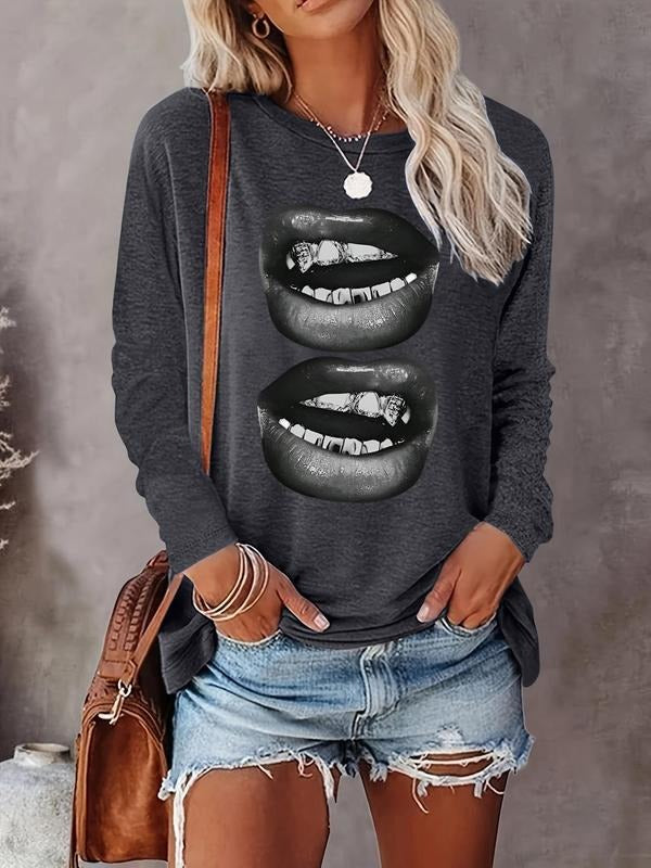 Women's Cartoon Lip Print Drop Shoulder Sweatshirt, Casual Long Sleeve Round Neck Pullover for Fall & Winter, Ladies Clothes for Daily Wear