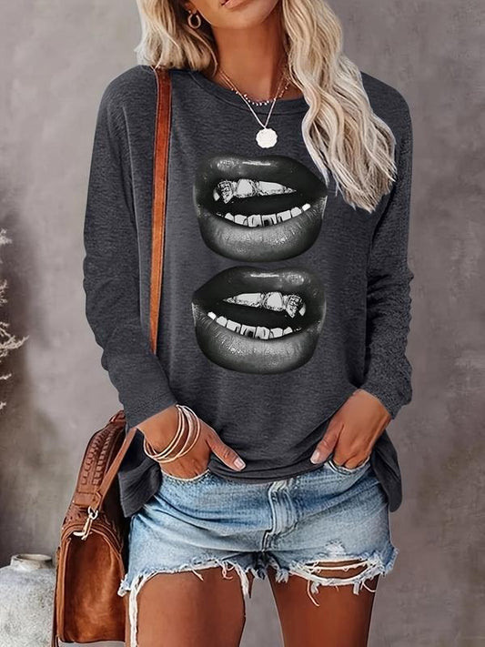 Women's Cartoon Lip Print Drop Shoulder Sweatshirt, Casual Long Sleeve Round Neck Pullover for Fall & Winter, Ladies Clothes for Daily Wear