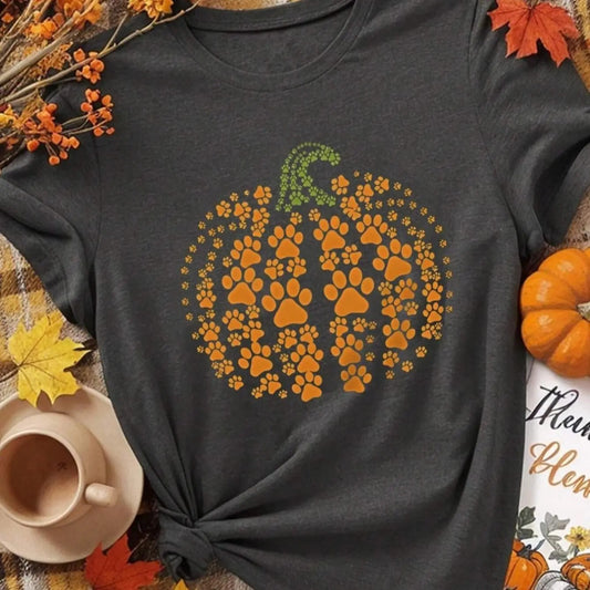 Women's Cartoon Paw & Pumpkin Print Drop Shoulder Tee, Casual Half Sleeve Round Neck T-shirt for All Seasons, Women's Top for Daily Wear
