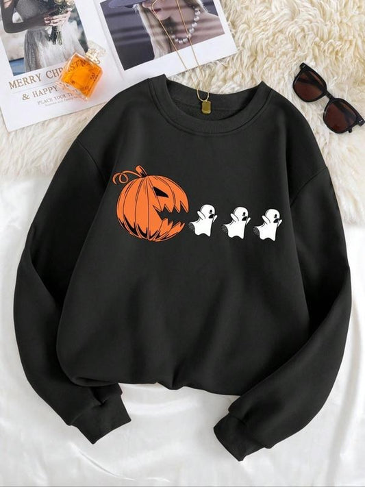 Women's Cartoon Print Drop Shoulder Pullover, Casual Long-sleeve Crew Neck Sweatshirt for Daily Wear, Female Trendy Matching Pumpkin & Ghost Print Top