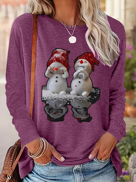 Women's Cartoon Snowman Print Drop Shoulder T-shirt, Casual Long Sleeve Round Neck Pullover for Fall & Winter, Ladies Clothes for Daily Wear