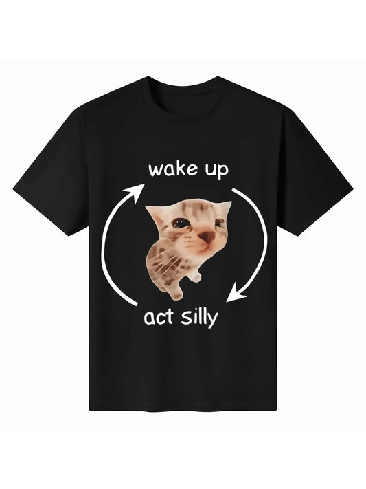 Women's Cat & Letter Print Round Neck Tee, Fashion Casual Crew Neck Short Sleeve T-shirt for Daily Holiday Vacation Outdoor Wear, Ladies Clothes for Summer
