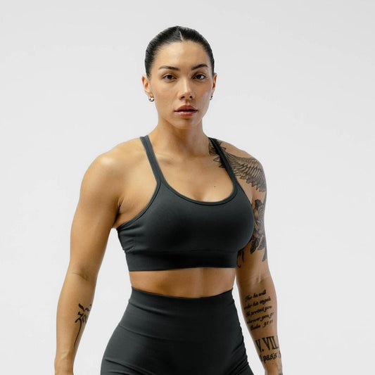 Women's Charcoal Legacy Bra - Plain Knit Fabric, Summer Sports Bra with Strappy Back Design by Gymreapers