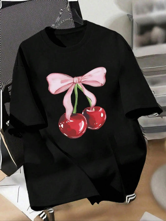 Women's Cherry & Bow Print Round Neck Tee, Fashion Casual Drop Shoulder Short Sleeve T-shirt, Ladies Summer Clothes for Daily Wear, Clothing
