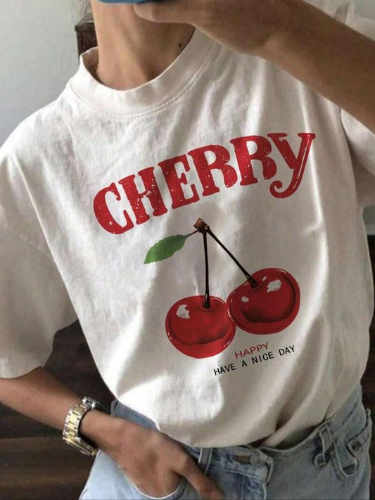 Women's Cherry & Letter Print Drop Shoulder Tee, Casual Trendy Short Sleeve Round Neck T-Shirt, Ladies Clothes for Daily Wear, Summer Tshirt
