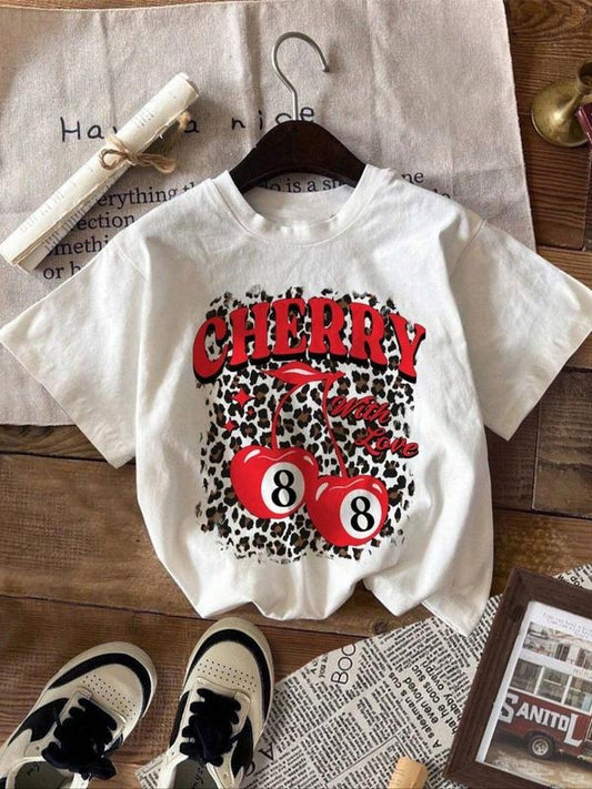 Women's Cherry & Letter Print Round Neck Tee, Fashion Casual Crew Neck T-shirt for Daily Holiday Vacation Outdoor Wear, Ladies Clothes for All Seasons