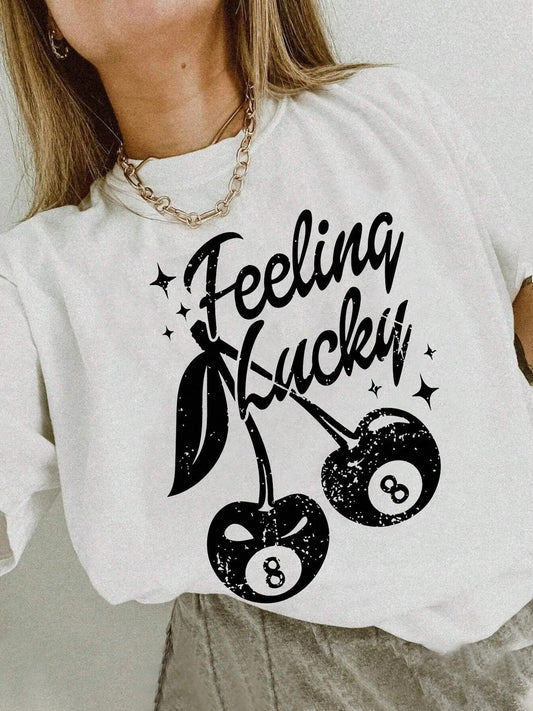 Women's Cherry & Letter Print Round Neck Tee, Vintage Trendy Casual Short Sleeve T-shirt for Daily Wear, Ladies Summer Outfit