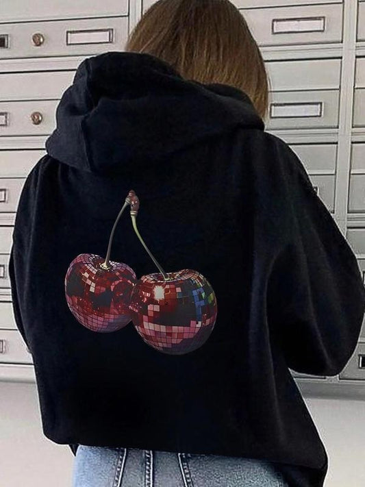 Women's Cherry Print Drop Shoulder Hoodie, Fashion Casual Drawstring Pocket Hooded Sweatshirt for Daily Holiday Outdoor Wear, Women Clothing for Fall & Winter