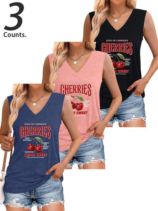 Women's Cherry Print V Neck Tank Top, Casual Sleeveless Top for Summer, Ladies Clothes for Daily Wear, Gamis