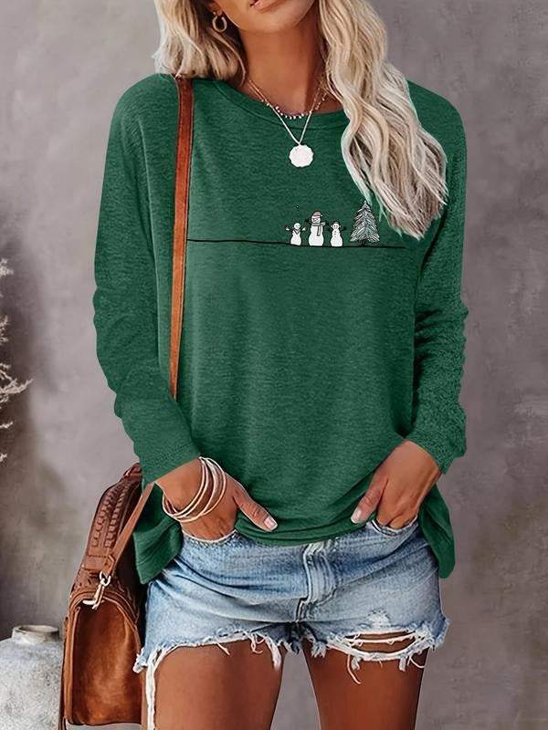 Women's Christmas Cartoon Print Round Neck Tee, Fashion Casual Crew Neck Long Sleeve T-shirt for Daily Holiday Vacation Outdoor Wear, Women Tops for Spring & Fall