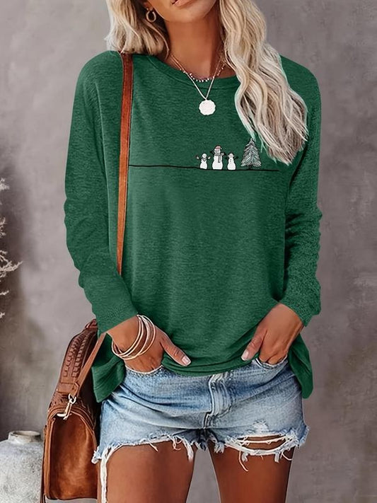 Women's Christmas Cartoon Print Round Neck Tee, Fashion Casual Crew Neck Long Sleeve T-shirt for Daily Holiday Vacation Outdoor Wear, Women Tops for Spring & Fall