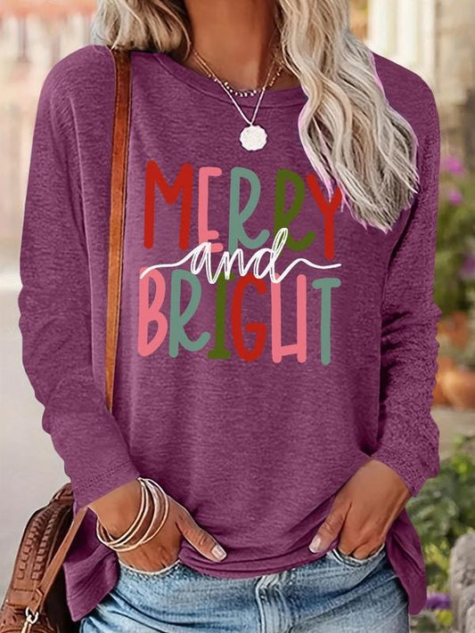 Women's Christmas Letter Print Drop Shoulder T-shirt, Casual Long Sleeve Round Neck Tee for Fall & Winter, Ladies Clothes for Daily Wear