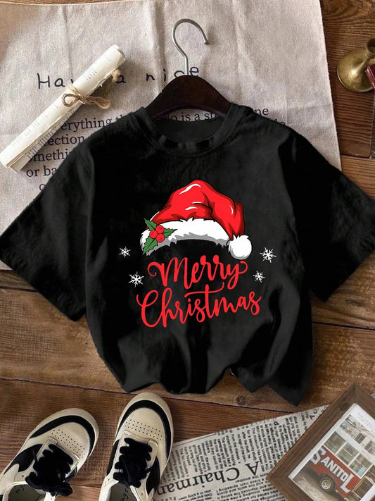 Women's Christmas Themed Letter Print Round Neck Graphic Tee, Vintage Trendy Casual Short Sleeve T-shirt for Daily Wear, Ladies Spring & Fall Outfit