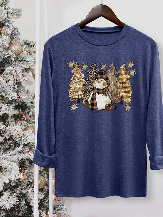 Women's Christmas Tree & Snowman Print Round Neck Tee, Casual Long Sleeve Crew Neck T-shirt for Fall & Winter, Women's Top for Daily Wear