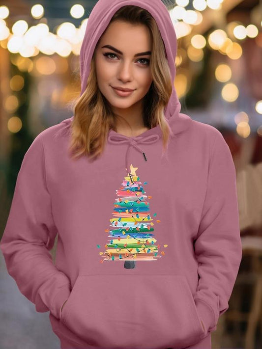 Women's Christmas Tree Print Drop Shoulder Hoodie, Fashion Casual Drawstring Pocket Hooded Sweatshirt for Daily Holiday Outdoor Wear, Women Clothing for Fall & Winter