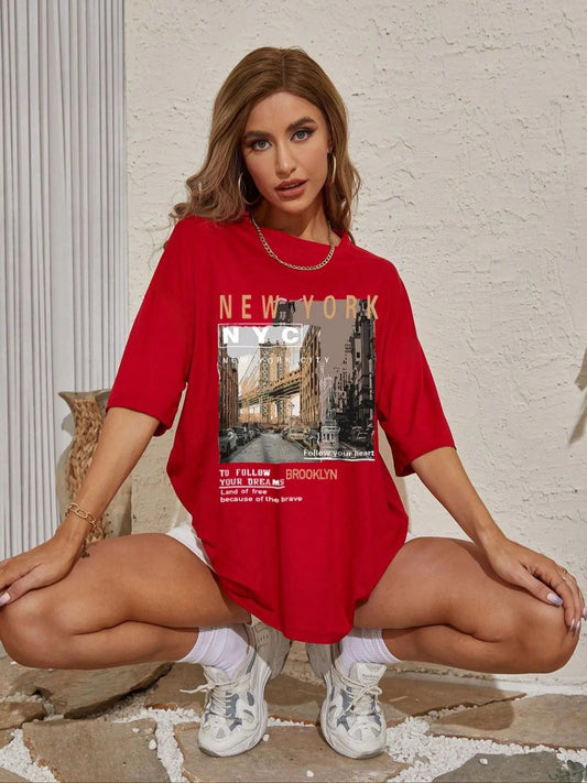 Women's City Landscape Print Round Neck Graphic Tee, Vintage Letter Print Drop Shoulder Half Sleeve T-shirt for Daily Wear, Ladies Summer Outfit