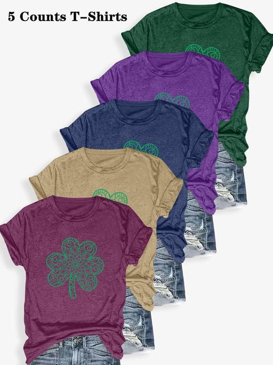 Women's Clover Print Round Neck Tee, Casual Short Sleeve Crew Neck T-shirt for Summer, Fashion Women's Top for Daily Wear