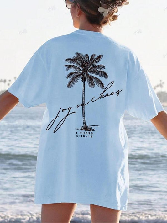 Women's Coconut Tree Graphic Print Round Neck Tee, Casual Drop Shoulder Half Sleeve T-shirt For Daily Wear, Vintage Trendy Ladies Summer Outfit