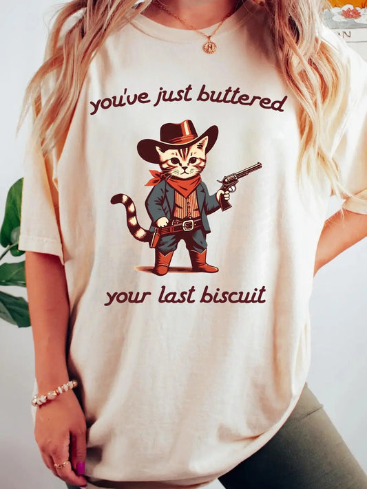 Women's Cowboy Cat Print Round Neck Tee, Casual Letter Print Short Sleeve T-shirt for Daily Wear, Ladies Summer Tops