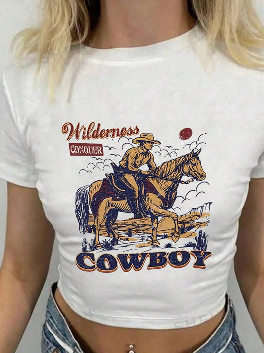 Women's Cowboy Graphic Round Neck Crop Tee, Vintage Trendy Casual Short Sleeve T-shirt for Daily Wear, Ladies Summer Outfit