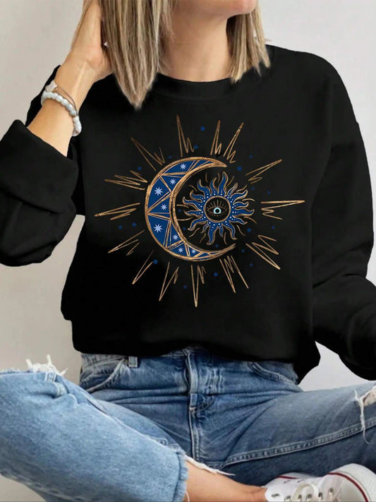 Women's Crescent & Star Print Crew Neck Sweatshirt, Casual Long Sleeve Pullover for Daily Wear, Ladies Clothes for All Seasons