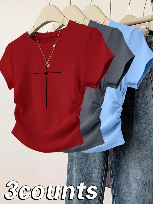Women's Cross & Heart Print Round Neck Tee, Casual Short Sleeve T-shirt for Daily Wear, Ladies Clothes for All Seasons, Top