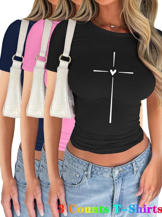 Women's Cross & Heart Print Short Sleeve Tee, Casual Trendy T-shirt for Daily Wear, Ladies Summer Outfit, Top