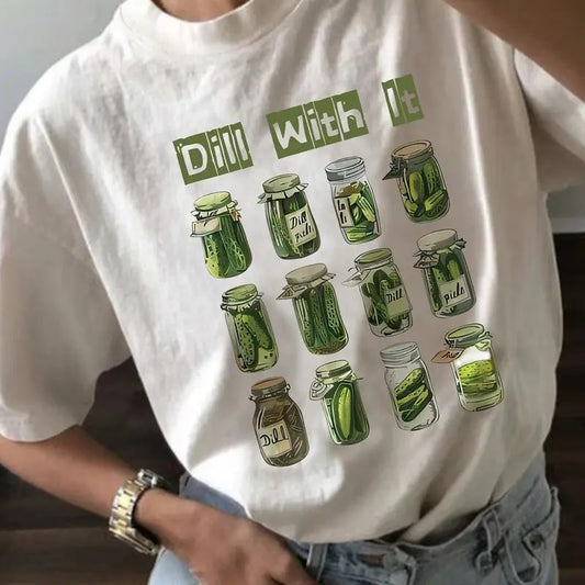 Women's Cucumber & Letter Print Drop Shoulder Tee, Casual Half Sleeve Round Neck T-shirt for Daily Wear, Ladies Clothes for All Seasons Sweatshirt, Hoodie, Comfort Colors
