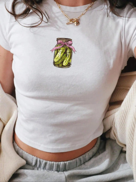 Women's Cucumber Jars Print Round Neck Crop Tee, Casual Short Sleeve Crew Neck T-shirt for Summer, Fashion Simple Women's Top for Daily Wear