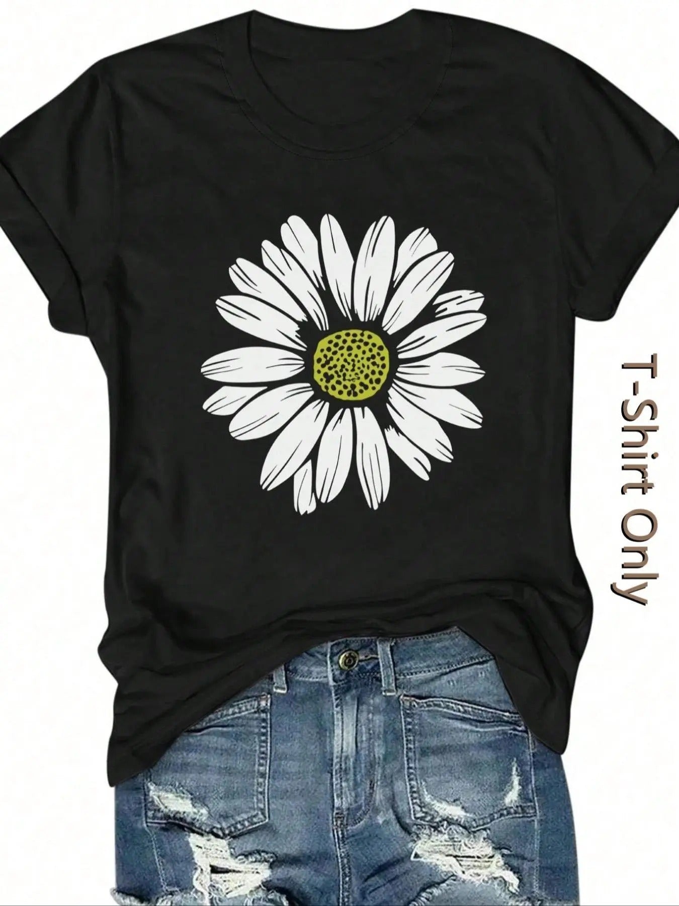 Women's Daisy Print Round Neck Tee, Casual Short Sleeve Crew Neck T-shirt for Summer, Fashion Women's Top for Daily Wear