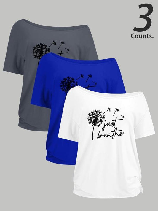 Women's Dandelion & Letter Print One Shoulder Tee, Casual Fashion T-shirt for Daily Wear, Ladies Clothes for All Seasons, Top