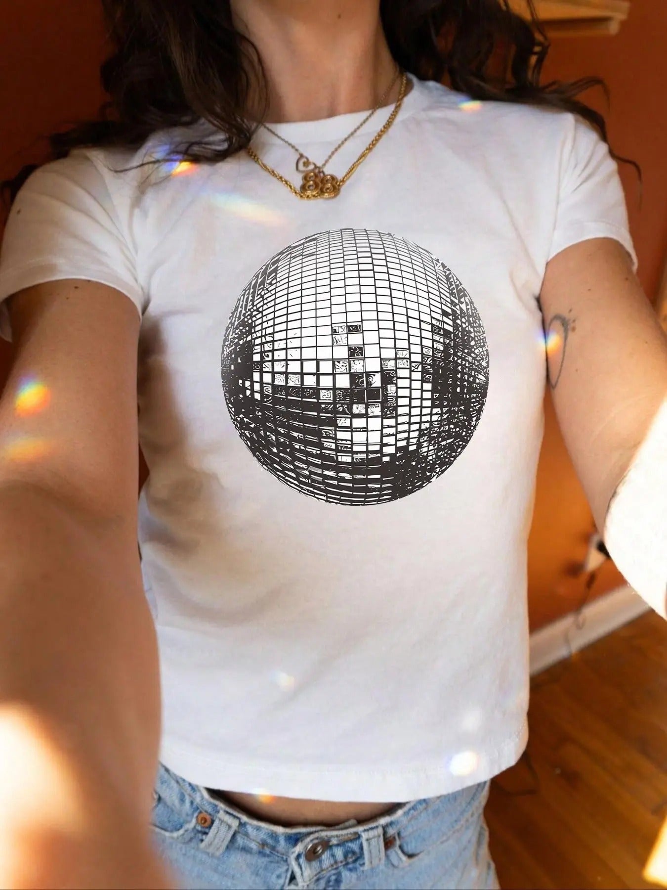 Women's Disco Ball Print Round Neck Crop Tee, Casual Slim-fitting Short Sleeve T-shirt, Ladies Summer Clothes for Daily Wear