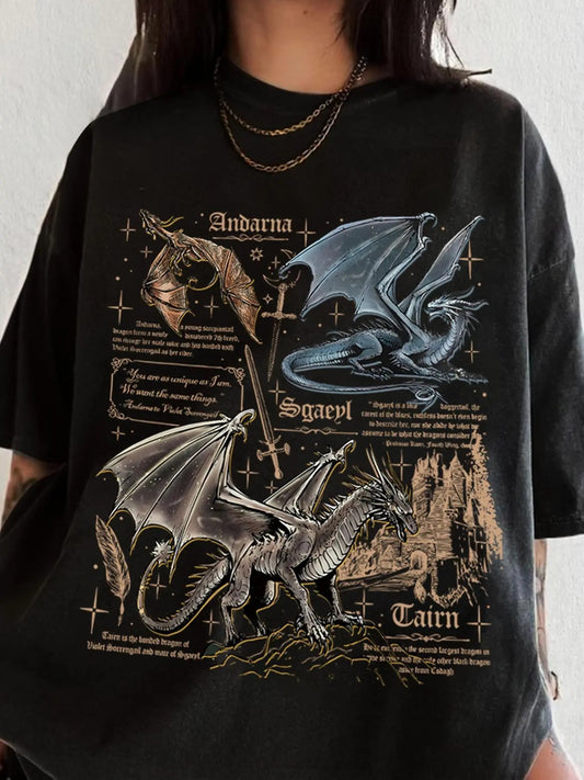 Women's Dragon & Letter Print Round Neck Tee, Casual Short Sleeve T-shirt for Daily Wear, Ladies Tops for Summer