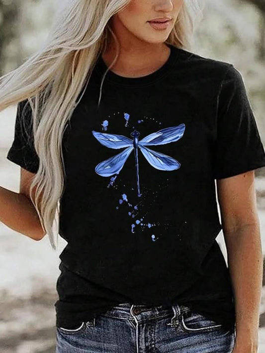 Women's Dragonfly Print Round Neck Tee, Trendy Casual Short Sleeve Crew Neck T-shirt For Daily Wear, Ladies Summer Outfit