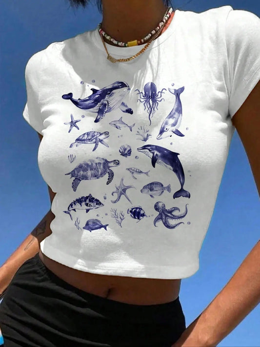 Women's Essnce Marine Life Print Round Neck Crop Tee, Vintage Trendy Casual Short Sleeve T-shirt for Daily Wear, Ladies Summer Outfit