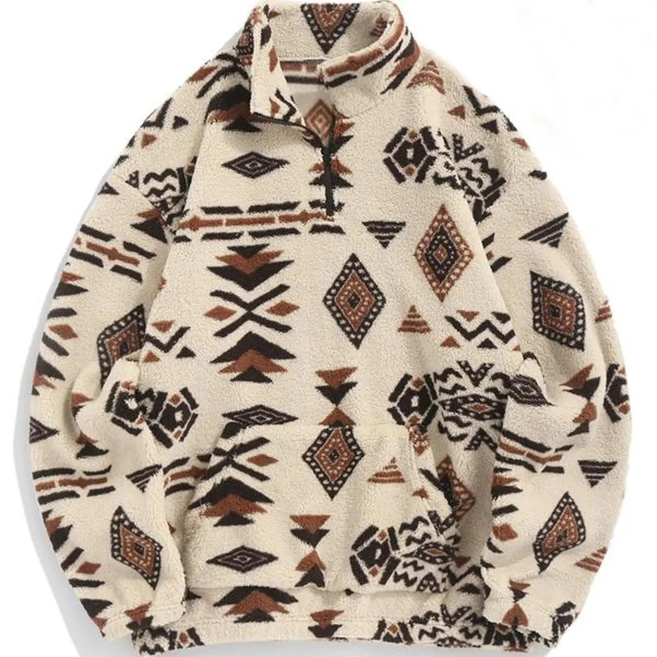 Women's Ethnic Pattern Pocket Zip Up Fuzzy Sweatshirt, Casual Long Sleeve Collared Pullover for Fall & Winter, Women's Clothes for Daily Wear