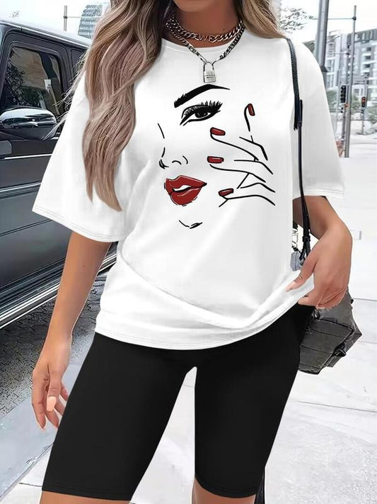 Women's Face Print Tee & Skinny Shorts Two-Piece Set, Casual Fashion Round Neck T-Shirt & Shorts for Daily Outdoor Wear, Ladies Clothes for All Seasons