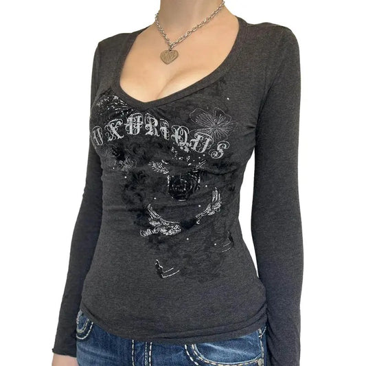 Women's Fairy Grunge Clothes Y2K Long Sleeve Crew Neck Gothic Graphic Crop Tops Vintage Letter Print Skinny Aesthetic T-Shirts