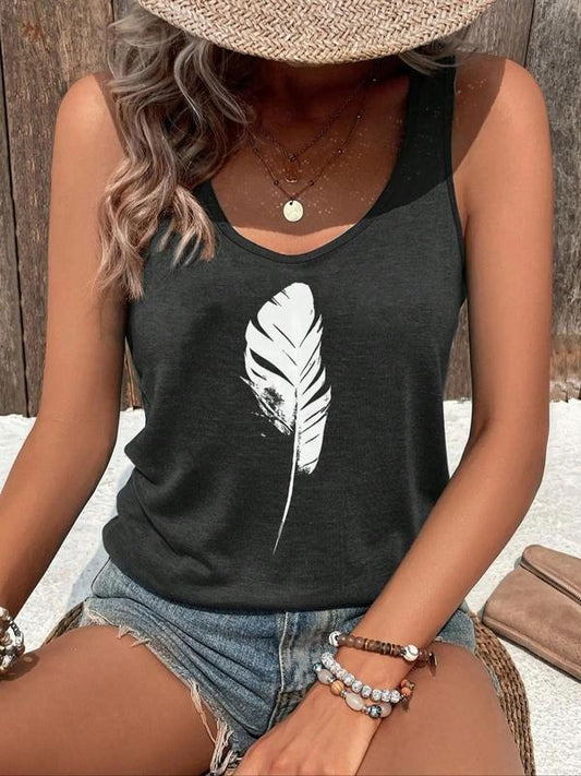Women's Feather Print Scoop Neck Tank Top, Casual Sleeveless Top for Summer, Ladies Clothes for Daily Wear