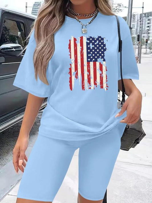 Women's Flag Print Tee & Shorts Set, Casual Short Sleeve T-shirt & Skinny Shorts, Women's Clothing for Daily Wear, Suits