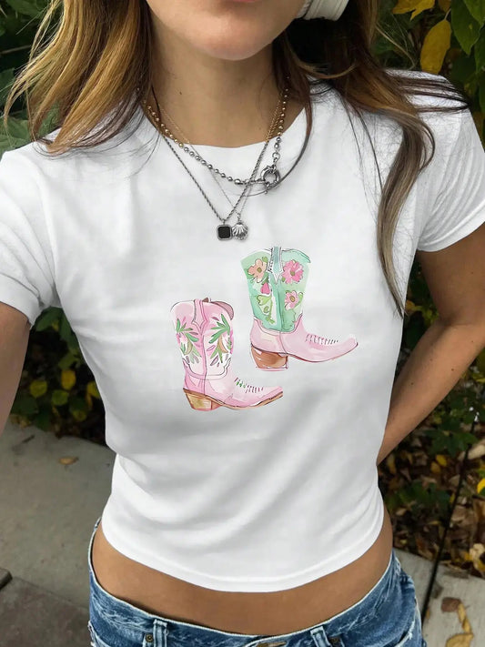 Women's Floral & Boots Print Round Neck Tee, Trendy Casual Short Sleeve Crew Neck T-shirt for Daily Wear, Ladies All Seasons Outfit