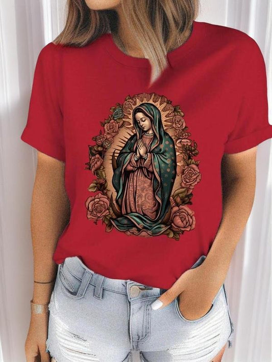 Women's Floral & Figure Print Round Neck Graphic Tee, Vintage Trendy Casual Short Sleeve T-shirt for Daily Wear, Ladies Summer Outfit
