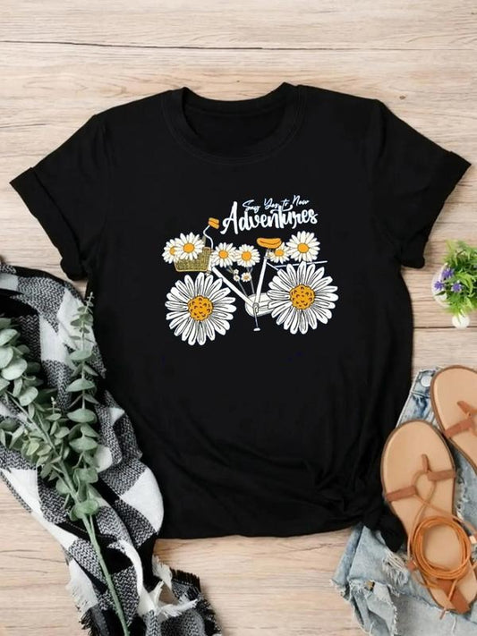 Women's Floral & Letter Print Round Neck Graphic Tee, Vintage Trendy Casual Short Sleeve T-shirt for Daily Wear, Ladies All Seasons Outfit