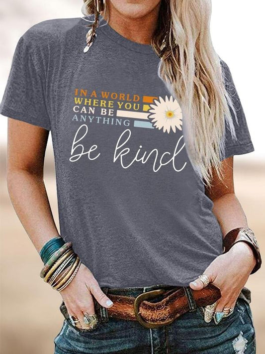 Women's Floral & Letter Print Round Neck Short Sleeve Tee, Vintage Trendy Casual Crew Neck T-shirt For Daily Wear, Ladies All Seasons Outfit