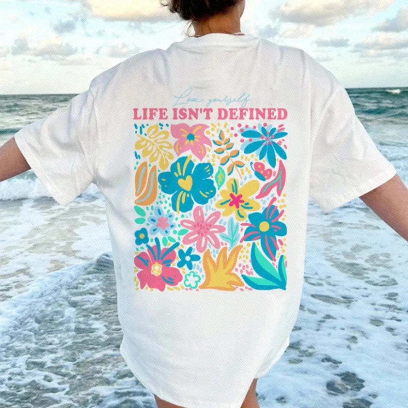 Women's Floral & Letter Print Round Neck Tee, Fashion Casual Drop Shoulder Short Sleeve T-shirt, Ladies Summer Clothes for Daily Wear