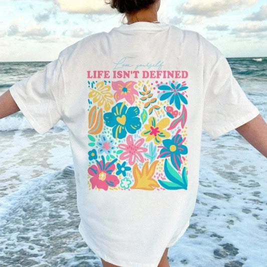Women's Floral & Letter Print Round Neck Tee, Fashion Casual Drop Shoulder Short Sleeve T-shirt, Ladies Summer Clothes for Daily Wear